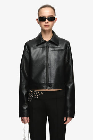 Saphira Cropped Jacket Black by Bec + Bridge – slim fit cropped faux leather jacket with matte black hardware.