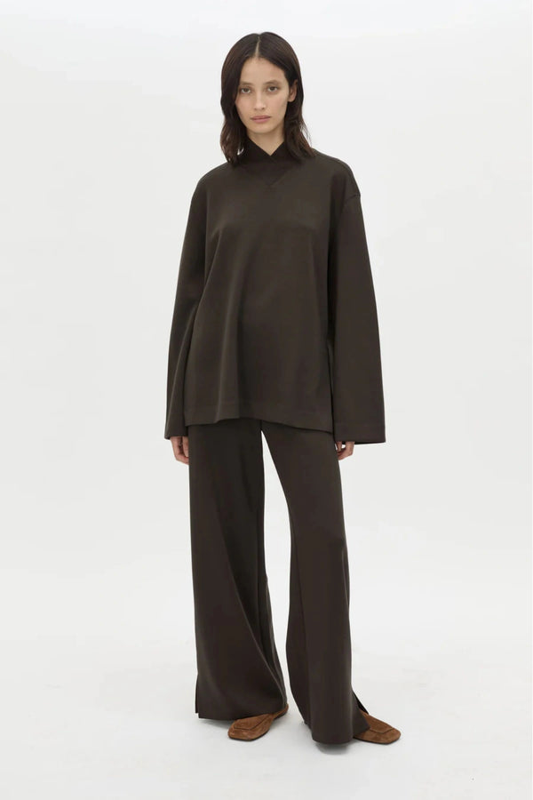 Bessette Pant in Espresso by Camilla and Marc, a tailored mid-rise lounge pant with hem splits for modern everyday polish.