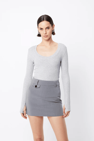 Lincoln Top Grey Marle by Mossman, soft double-layer ribbed jersey with scoop neckline and thumb-hole sleeves, perfect for trendy viral trans-seasonal layering and sleek styling.