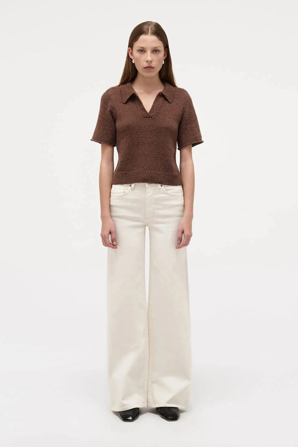 Neuw Denim Cecil Knit Polo in Espresso, cropped knit tee with polo collar, ribbed hems, and retro-inspired silhouette.