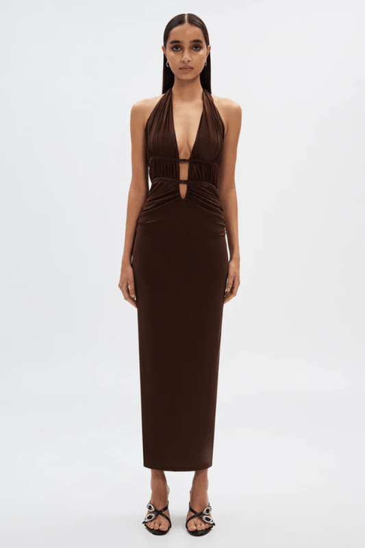 The Celine Mesh Dress Espresso by Misha – A chic midi dress with a mesh bodice, gunmetal clasp details, and figure-hugging silhouette, perfect for day-to-night events.