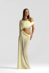 Imogen Dress Lemon by Natalie Rolt, sheer georgette dress with off shoulder draping and asymmetrical waist detail.