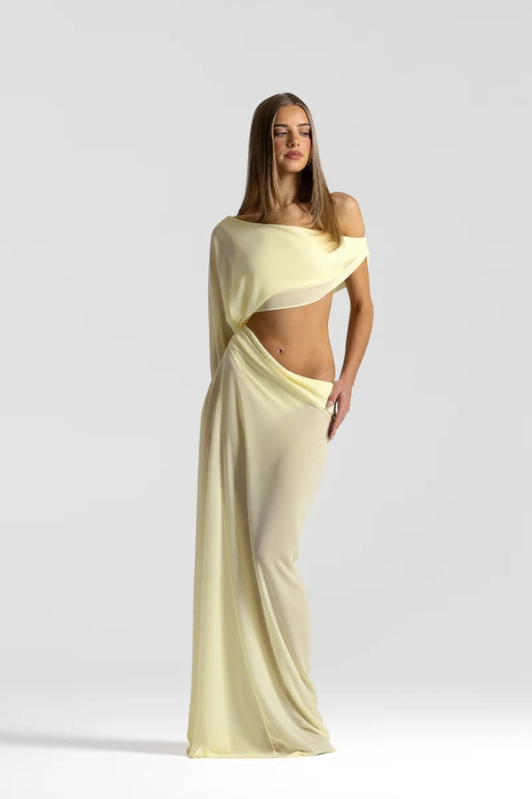Imogen Dress Lemon by Natalie Rolt, sheer georgette dress with off shoulder draping and asymmetrical waist detail.