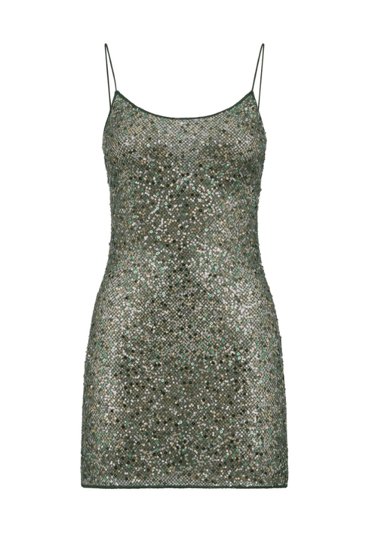 Netquins Short Dress Metallic Green by Oséree – A shimmering sequin mini with luxe texture, perfect for viral party looks and stylish daytime glam.