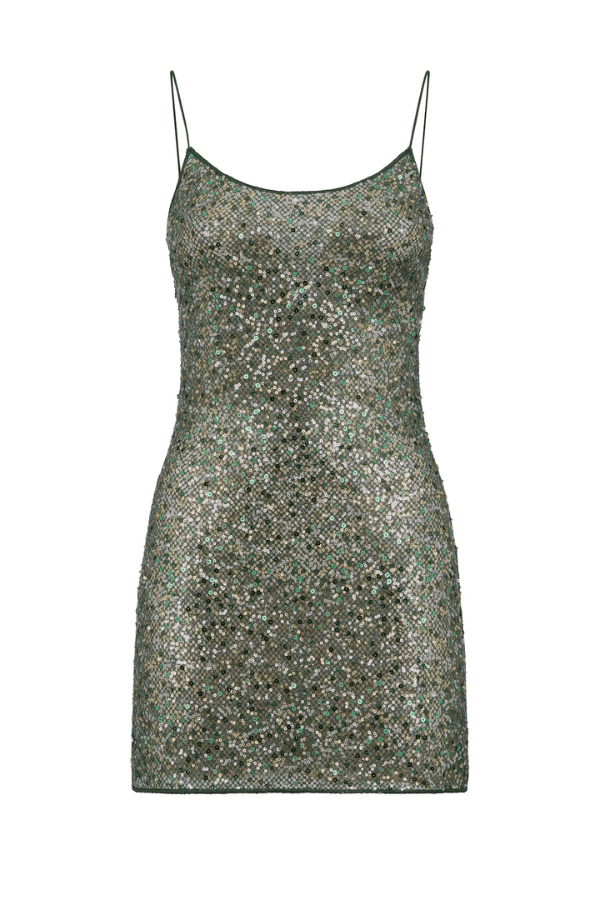 Netquins Short Dress Metallic Green by Oséree – A shimmering sequin mini with luxe texture, perfect for viral party looks and stylish daytime glam.