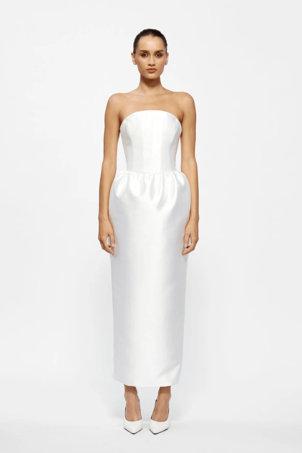 Lilia Dress Ivory by Effie Kats – Elegant strapless Mikado Satin midi with sculpted neckline and ruched voluminous skirt, perfect for sophisticated evening and formal occasions.
