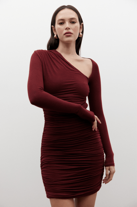 Echo Top Dove by Pasduchas, elegant off-shoulder stretch mesh with ruched sides and thumbhole sleeves, perfect for trendy viral day-to-night and sleek layering looks.