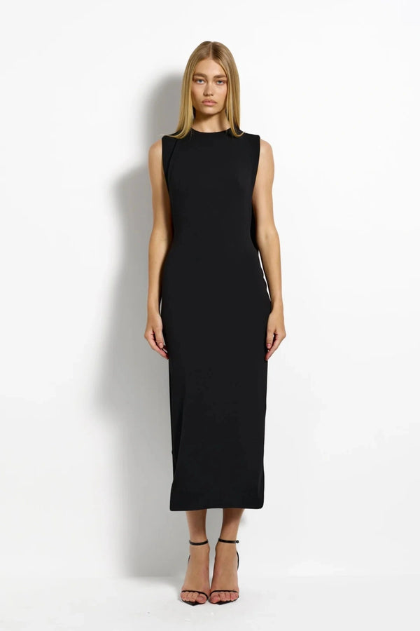Kaya Midi Black by Effie Kats, high neck midi dress with draped back, perfect for events or evening styling