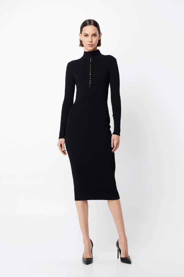 Mayfair Long Sleeve Midi Black by Mossman – A sleek, premium crepe knit midi with high neckline, covered buttons, and fitted silhouette, perfect for polished desk-to-dinner looks.