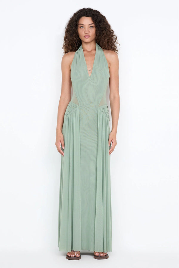 Juniper Halter Maxi Dress by Bec and Bridge, pistachio mesh maxi with sheer waist cut-outs and sculpted drape.