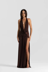 Winona Gown Espresso by Natalie Rolt, halter maxi dress with draped detail, perfect for formal events and evening styling