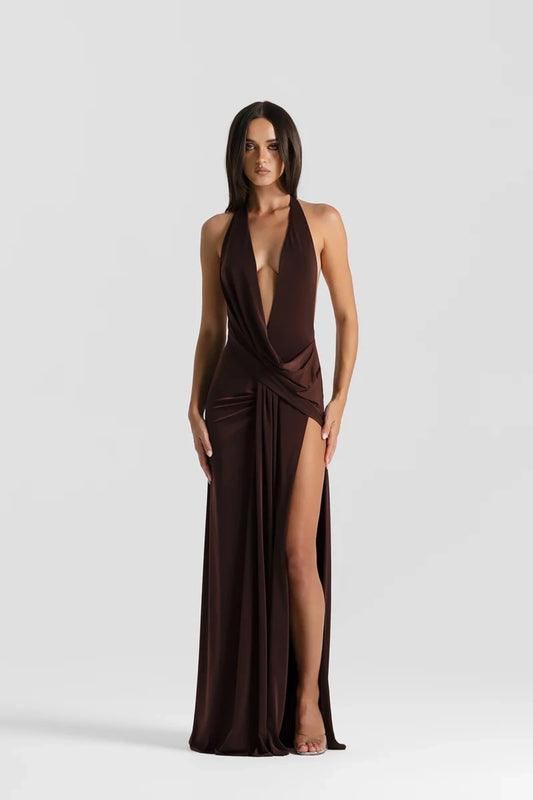 Winona Gown Espresso by Natalie Rolt, halter maxi dress with draped detail, perfect for formal events and evening styling