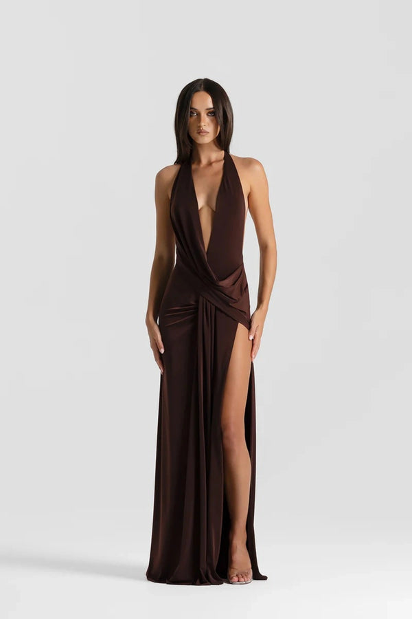 Winona Gown Espresso by Natalie Rolt, halter maxi dress with draped detail, perfect for formal events and evening styling