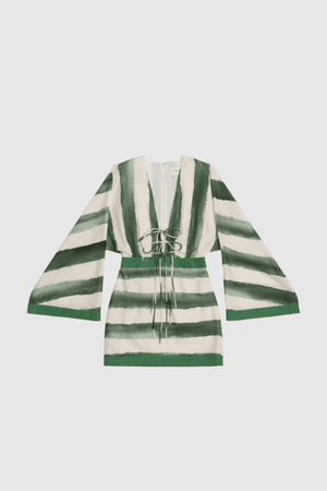 Havana Mini Dress by The Wolf Gang – A trendy mini with bold print, kimono bell sleeves, and contrast bindings, perfect for effortless day-to-night style.