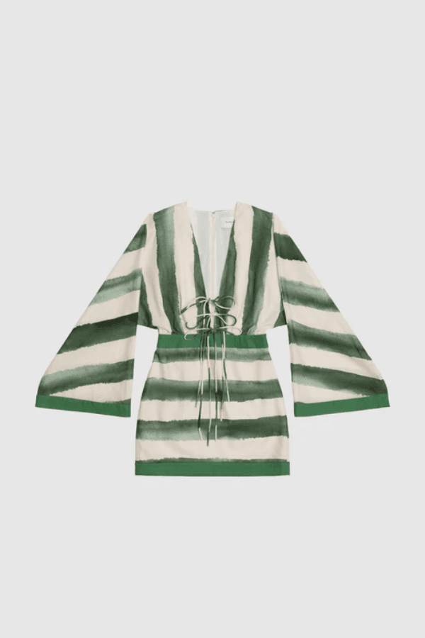 Havana Mini Dress by The Wolf Gang – A trendy mini with bold print, kimono bell sleeves, and contrast bindings, perfect for effortless day-to-night style.