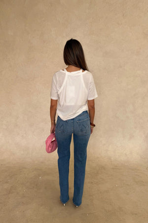 The Kick It Fan Favorite by MOTHER, trendy high-rise straight-leg jeans with a clean hem. Perfect for everyday wear with a mid-blue wash, subtle whiskering, and soft stretch denim for all-day comfort.