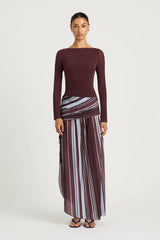 Jana Long Sleeve Maxi Dress Midnight Stripe by Benni, sheer maxi dress with scoop back, perfect for evening or event styling