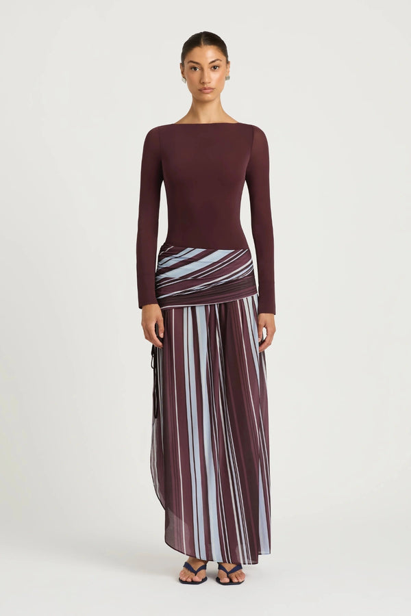 Jana Long Sleeve Maxi Dress Midnight Stripe by Benni, sheer maxi dress with scoop back, perfect for evening or event styling