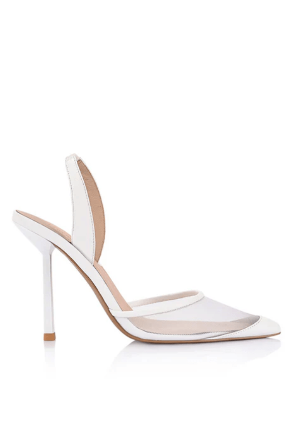 Harley Heel White Mesh by Lana Wilkinson – Sleek pointed-toe pump with breathable mesh, leather details, slingback strap, and 10.5cm stiletto heel. Perfect for special occasions.