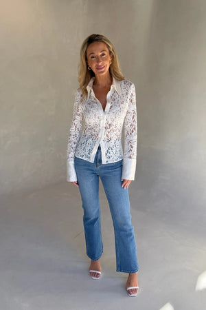 Emilie Lace Long Sleeve Shirt White by Sneaky Link, floral lace shirt with contrast collar, cuffs and sheer sleeves.