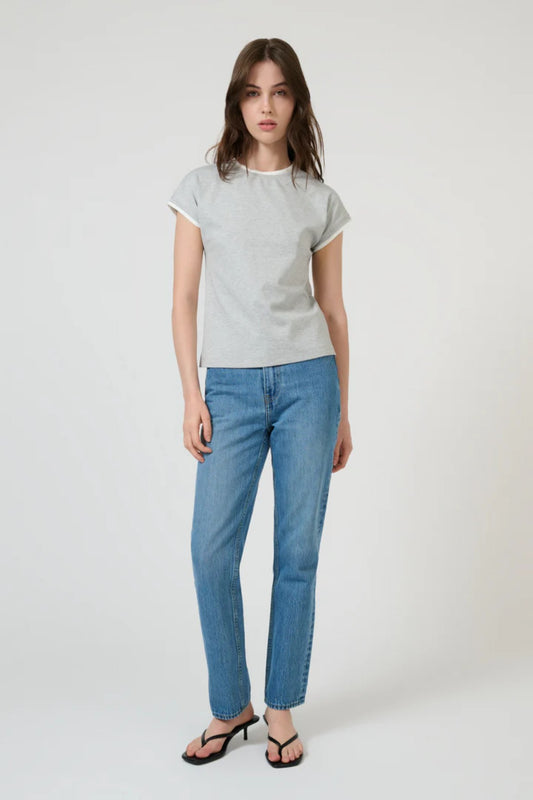 Solana Tee in Grey Marle/White by Onte, slim cotton blend t-shirt with cap sleeves and layered neckline detail.