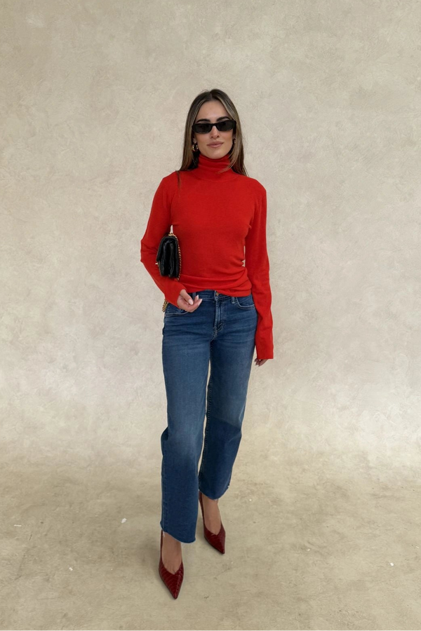 Milla Wool Turtle Neck Long Sleeve Top Red by Sneaky Link, fitted wool blend top, perfect for layering in winter styling