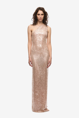 Nicolette Lace Sequin Dress Soft Pink by Misha, sequin halter dress with column fit, perfect for evening events and formal occasions