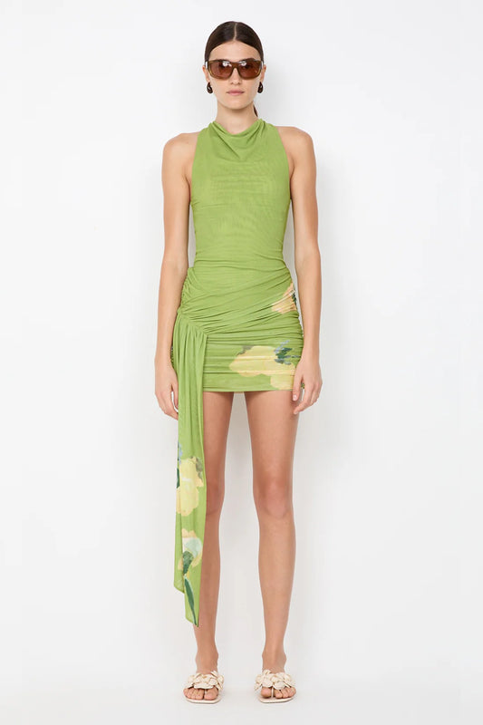 Citrina Mini Dress by Bec + Bridge, a floral cowl-neck mini with racer back, gathered skirt, and sash detail for effortless summer sophistication.