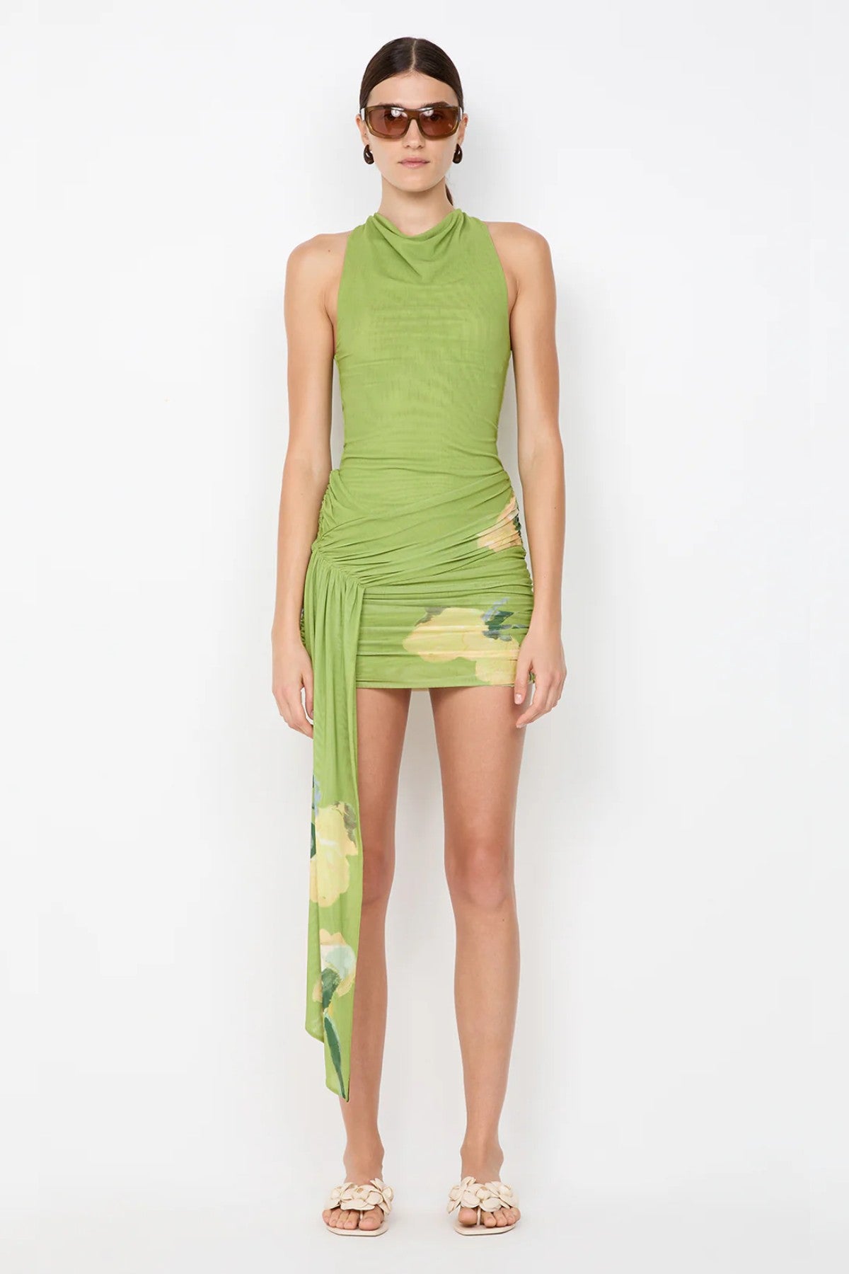 Citrina Mini Dress by Bec + Bridge, a floral cowl-neck mini with racer back, gathered skirt, and sash detail for effortless summer sophistication.