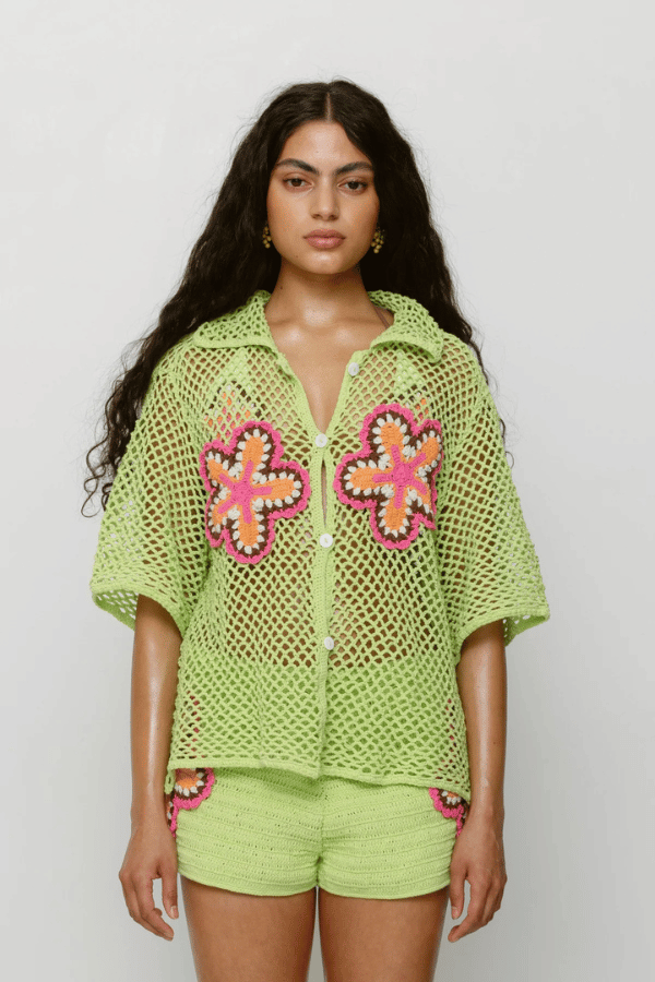 Elke Crochet Shirt Lime by The Wolf Gang, handwoven cotton shirt with floral crochet detail, artisan-made in Bali for an elevated resort look.