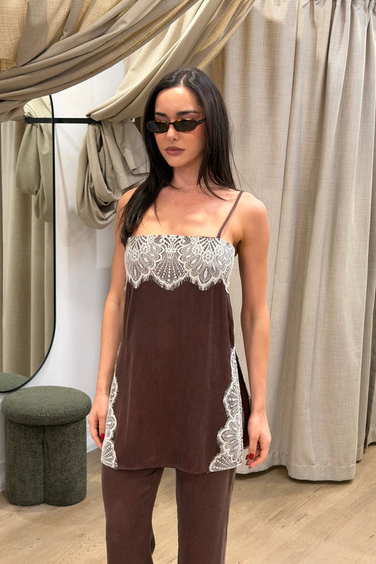 Florence Shirt Top Espresso by Summi Summi – relaxed cupro rayon camisole with cream lace trim and adjustable straps.