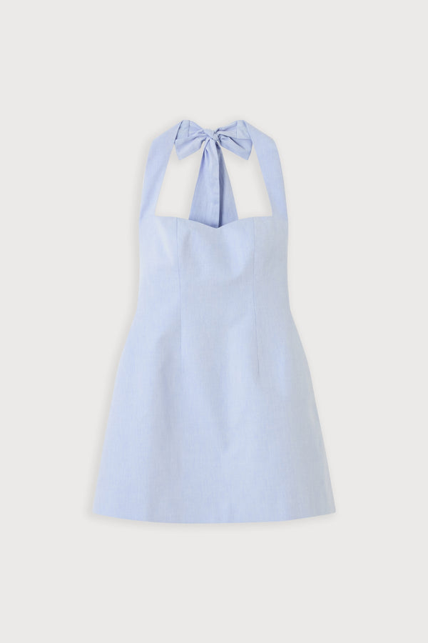 Cotton Mix Pinstripe Mini Dress Blue Pinstripe by Odd Muse, halter mini dress with signature cinched waist and pinstripe design.