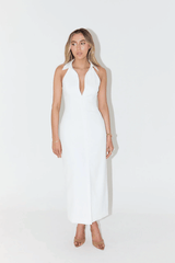 The Ultimate Muse Collar Maxi Dress White by Odd Muse – Sleeveless maxi with sharp collar, button front, darts, and slit.