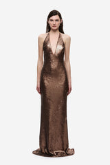 The Plunge Sequin Jersey Maxi Dress Mocha