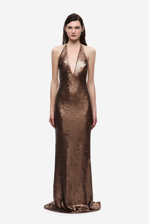 The Plunge Sequin Jersey Maxi Dress Mocha