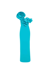 Ella Gown Blue by Rebecca Vallance – Crepe one-shoulder gown with applique neckline, cinched waist, back split, side zip.