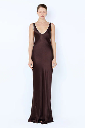 Marcy Cutout Maxi Dress by Bec + Bridge — dark chocolate maxi with scoop neckline, side cut-outs, and contrast binding.