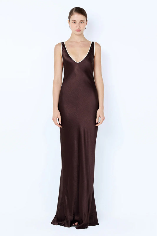 Marcy Cutout Maxi Dress by Bec + Bridge — dark chocolate maxi with scoop neckline, side cut-outs, and contrast binding.