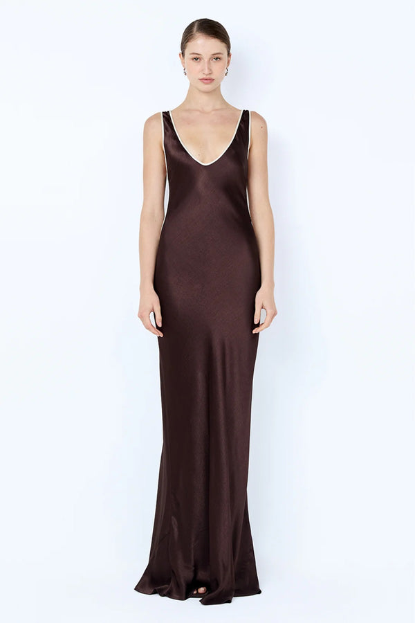 Marcy Cutout Maxi Dress by Bec + Bridge — dark chocolate maxi with scoop neckline, side cut-outs, and contrast binding.