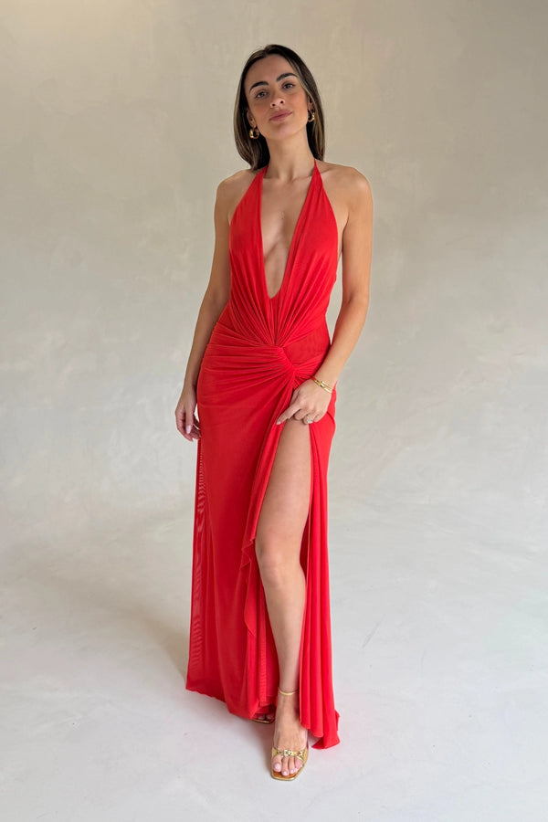 Xanthi V Neck Maxi Dress Flame by Bec + Bridge – backless draped maxi dress with plunging V neckline and halter design.