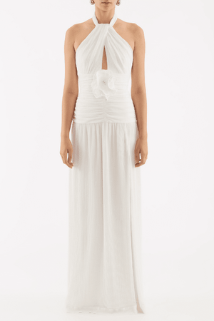 Guinevere Halter Gown Ivory by Rebecca Vallance – Halter gown with ruched waist, floral applique, open back, and front split.