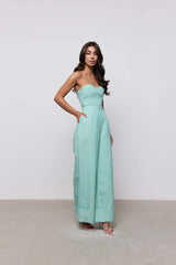 Cotton Mix Pinstripe Jumpsuit Green Pinstripe