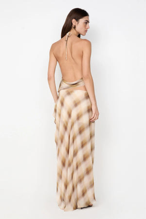 Eliana Halter Top by Bec and Bridge — a georgette halter with a wrap V neckline, cowl back, and check print, perfect for polished day-to-night styling.