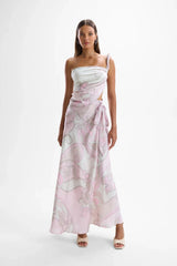 Sienna Wrap Skirt Deco Pink by Cin Cin, printed satin wrap skirt, perfect for resort escapes or summer dinners