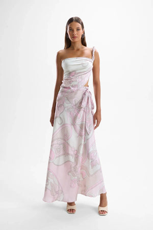 Sienna Wrap Skirt Deco Pink by Cin Cin, printed satin wrap skirt, perfect for resort escapes or summer dinners