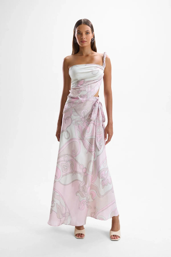 Sienna Wrap Skirt Deco Pink by Cin Cin, printed satin wrap skirt, perfect for resort escapes or summer dinners