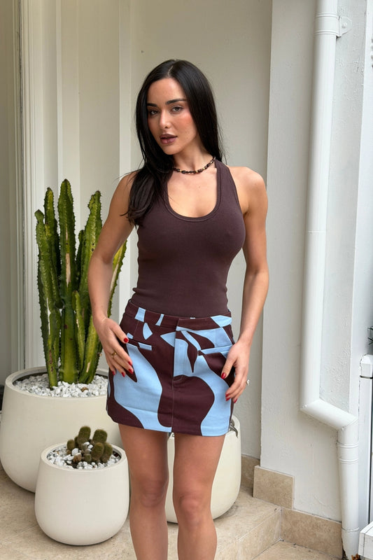 Halle Tank Espresso by Summi Summi – organic cotton knit tank with cross over back detail and fitted silhouette.