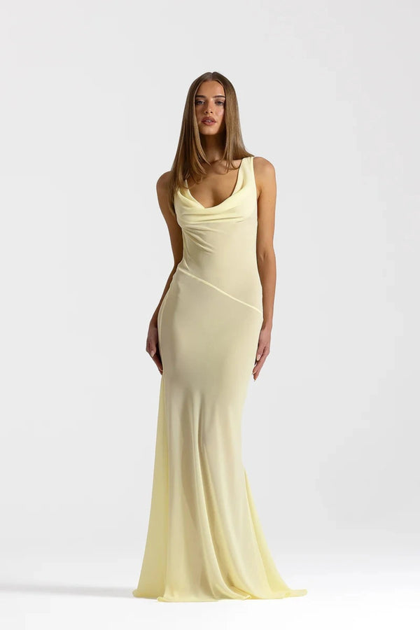 Anita Dress Lemon by Natalie Rolt featuring a sheer georgette silhouette, draped cowl neckline and asymmetrical skirt godets.