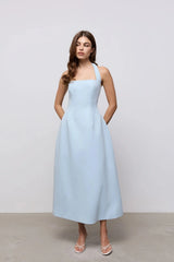 Cotton Mix Halter Midi Dress Powder Blue by Odd Muse, structured halter midi dress for elegant occasions
