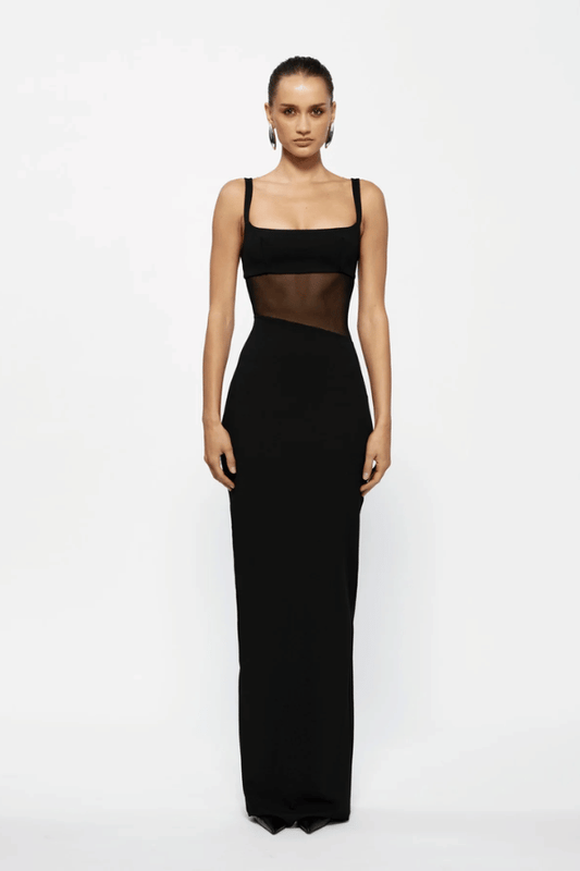 Cyia Gown Black by Effie Kats – Sleek stretch crepe gown with delicate straps, mesh inserts, and low back, featuring a back split for graceful movement and timeless elegance.
